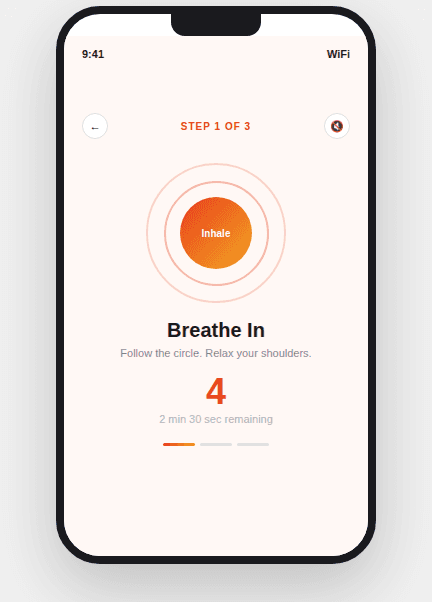Reset step one: a breathing exercise with a slowly expanding circle that reads “Inhale”.