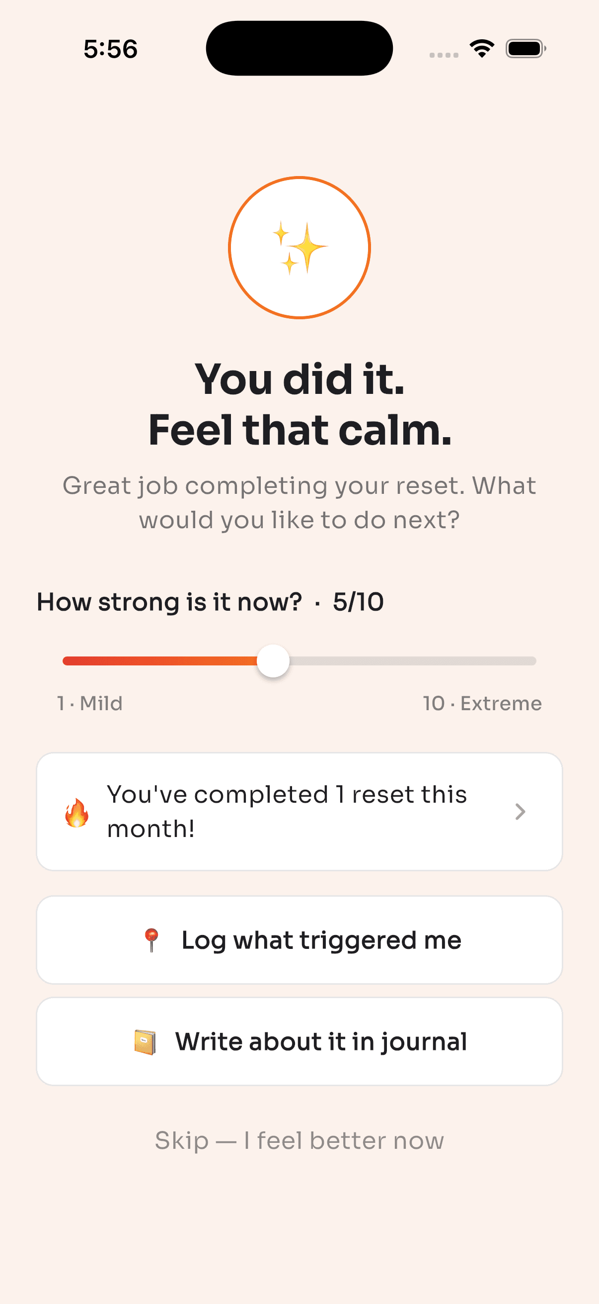 Reset step three: a closing screen to log what triggered you and reflect.
